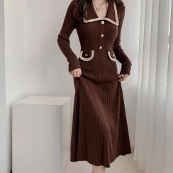 Lapel High Waisted Long Sleeve Fashion Elegant Womens Knit Dress