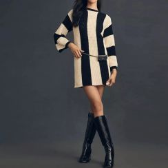 5 Pcs Knitting Long Sleeve Striped Sweater Mini Dresses For Lady