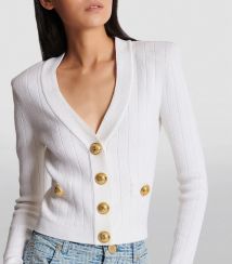 V Neck Long Sleeve Button Cropped Womens Knitted Cotton Cardigan