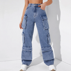 3 Pcs Womens Hip Hop Multi Pockets Wide Leg Cargo Jeans