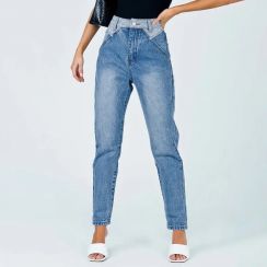 2 Pcs Women Fashion Mid Wash Contrast Waist Patchwork Jeans 