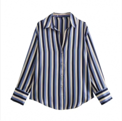 2 Pcs Womens Simple Lapel Long Sleeved Loose Satin Texture Striped Drape Shirt